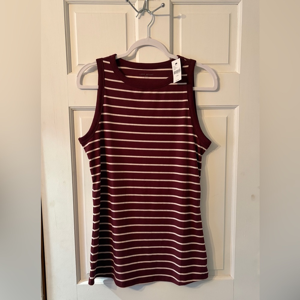 Lane Bryant fitted high-neck stripped sleeveless tank in burgandy & ivory (NWT)